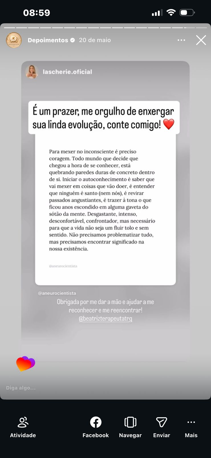 Print de depoimento sobre evolução e reencontro pessoal