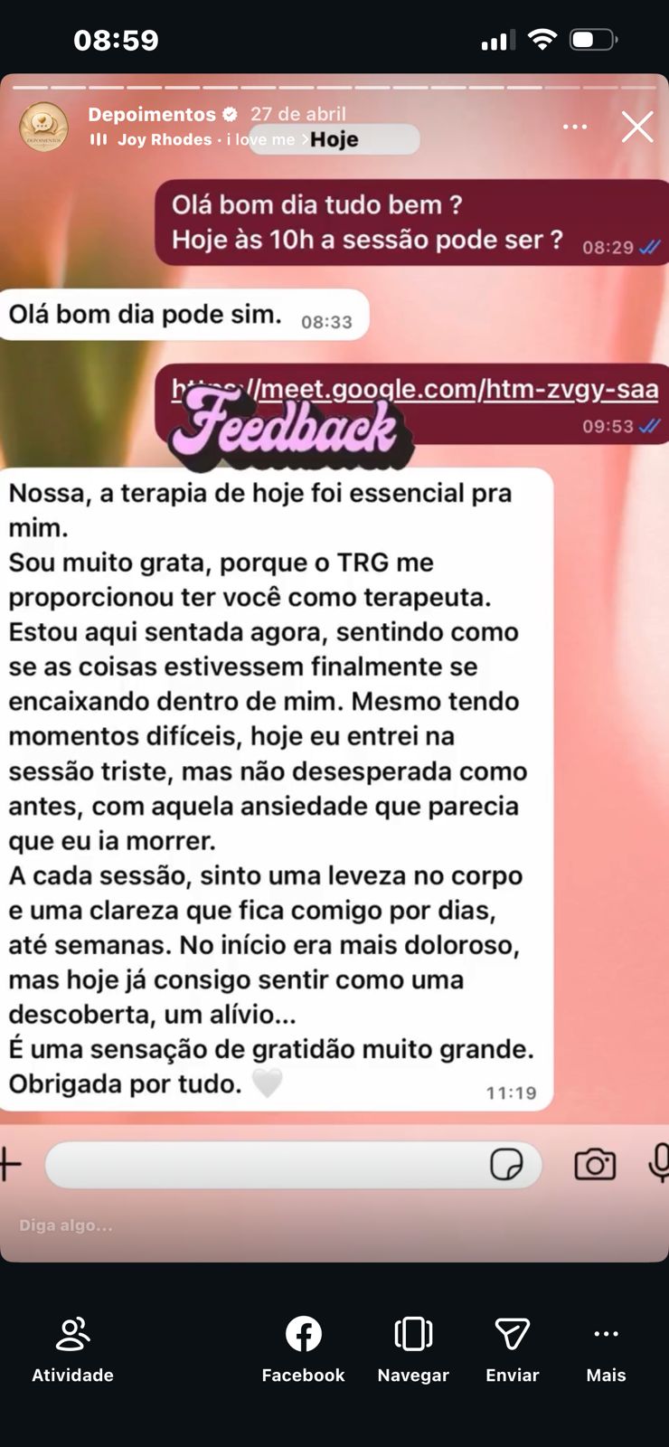 Print de feedback sobre leveza, clareza e sensação de alívio