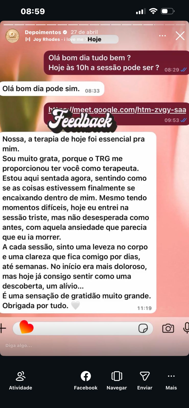 Print de feedback sobre alívio, clareza e gratidão depois da sessão