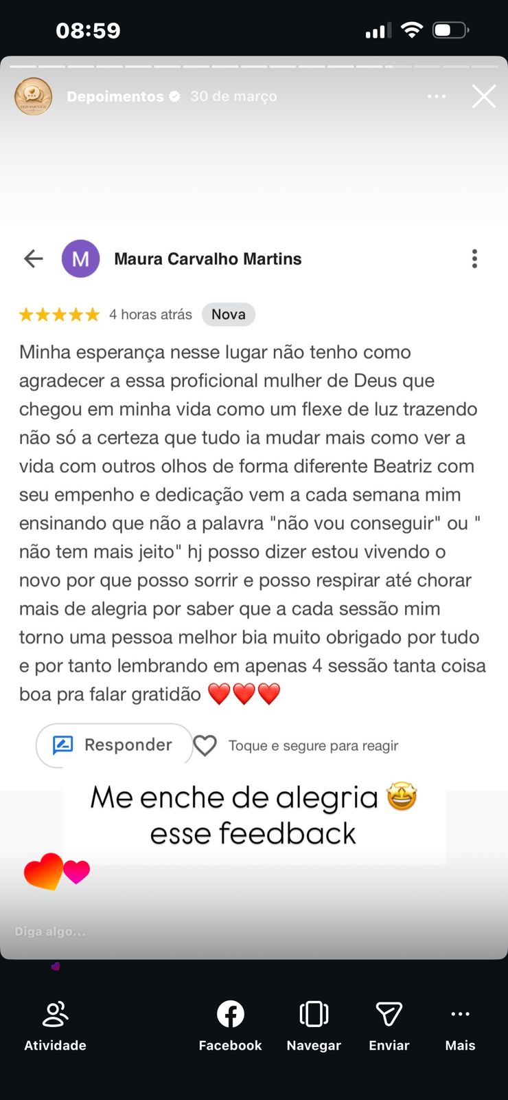 Print de avaliação com cinco estrelas para Beatriz