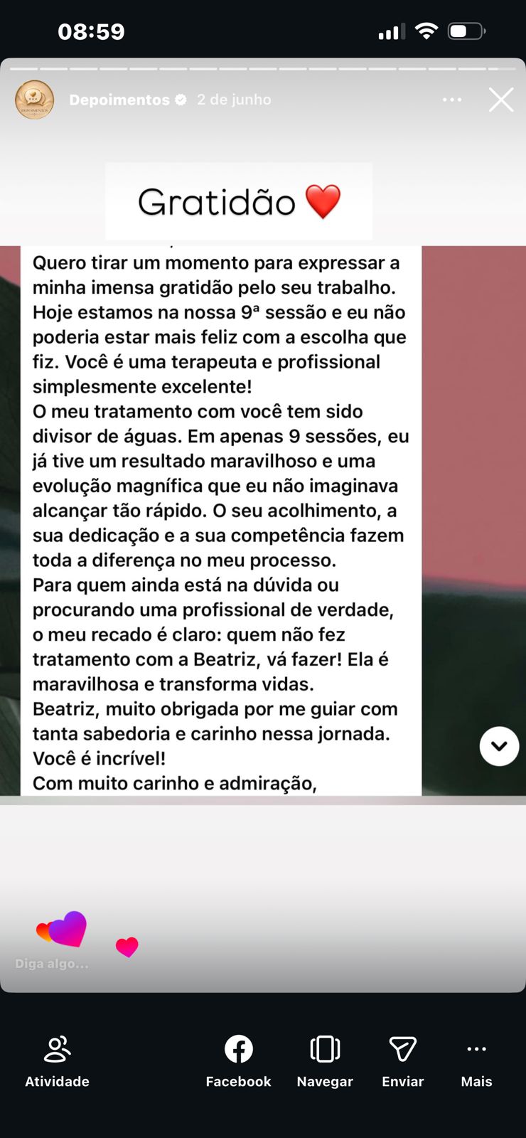 Print de depoimento expressando gratidão pelo trabalho de Beatriz